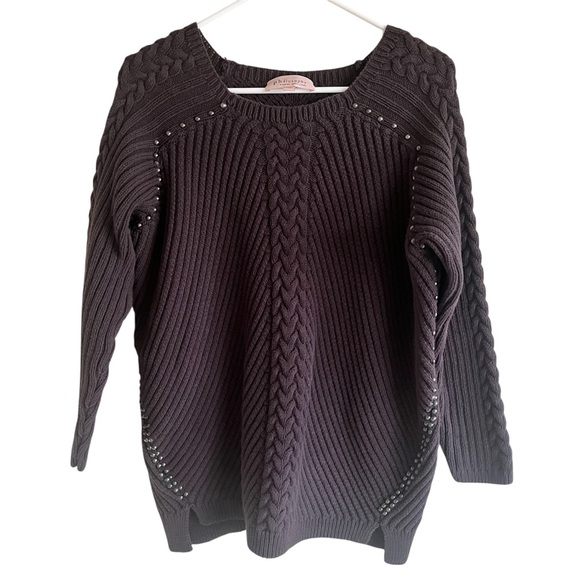 Philosophy Sweaters - Philosophy Dark Gray Cable Knit Crewneck Sweater with Stud Accents